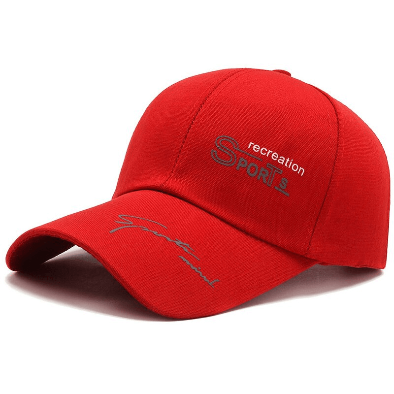 Red sports baseball cap with long visor, adjustable strap, and print pattern. Unisex casual style, comfy cotton for active lifestyles.